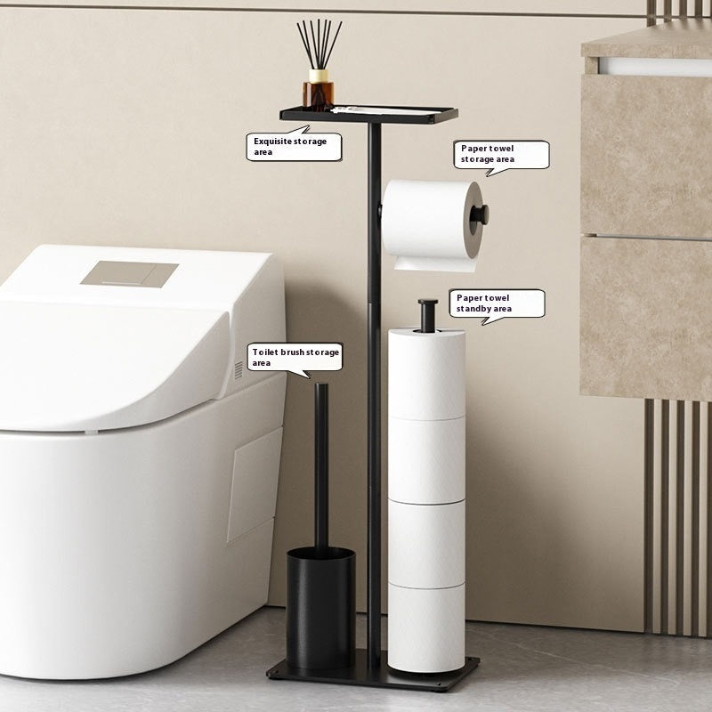 Freestanding Toilet Brush and Holder Set with Paper Roll Holder, Black