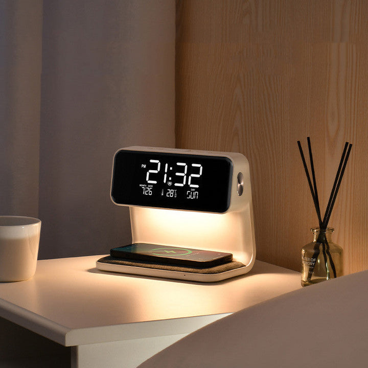 Creative 3 In 1 Bedside Wireless Lamp Charging LCD Screen Alarm Clock  Wireless Phone Charger