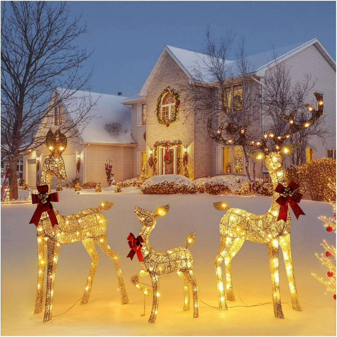 Lighted Christmas Deer Set 3-Piece Outdoor Yard Decor with 210 LED Lights Gold