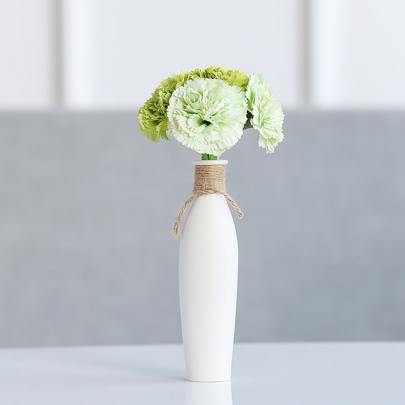 Ceramic Vase with Artificial Flowers Set – 8 Piece Bundle | White Modern Vase & 6 Flower Bunches