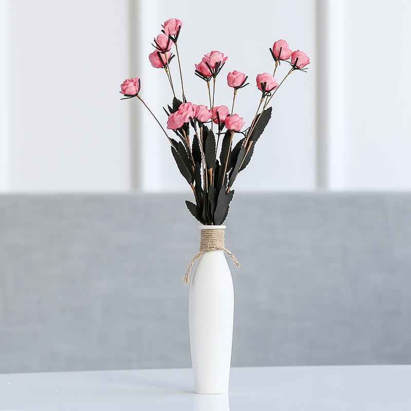 Ceramic Vase with Artificial Flowers Set – 8 Piece Bundle | White Modern Vase & 6 Flower Bunches