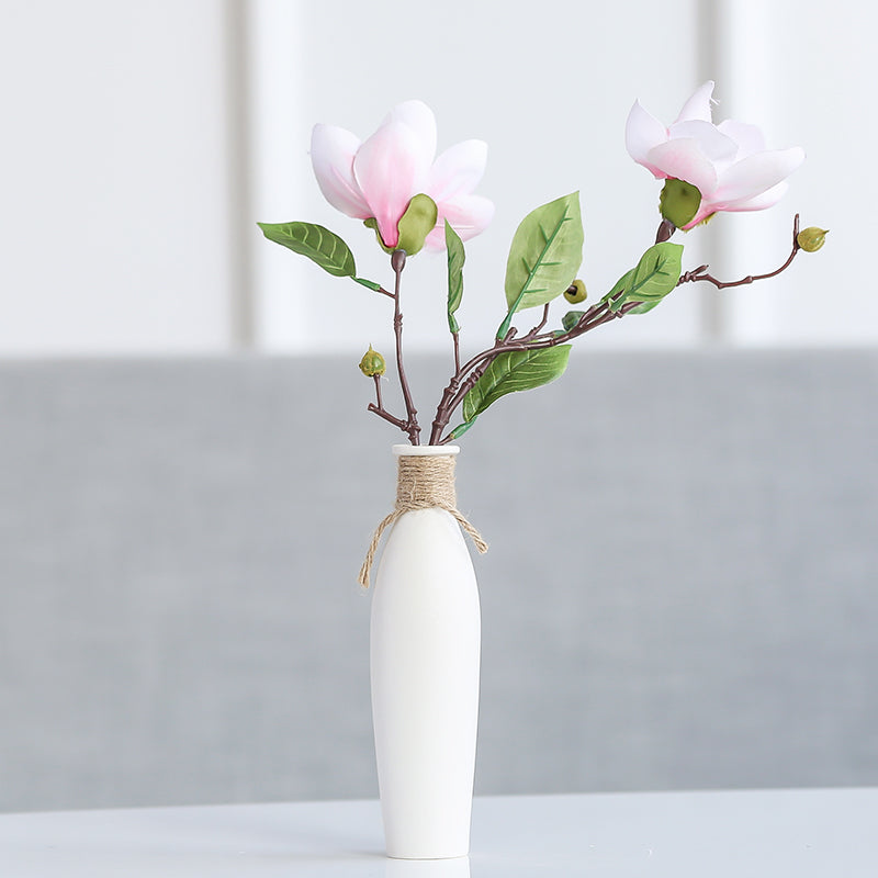 Ceramic Vase with Artificial Flowers Set – 8 Piece Bundle | White Modern Vase & 6 Flower Bunches