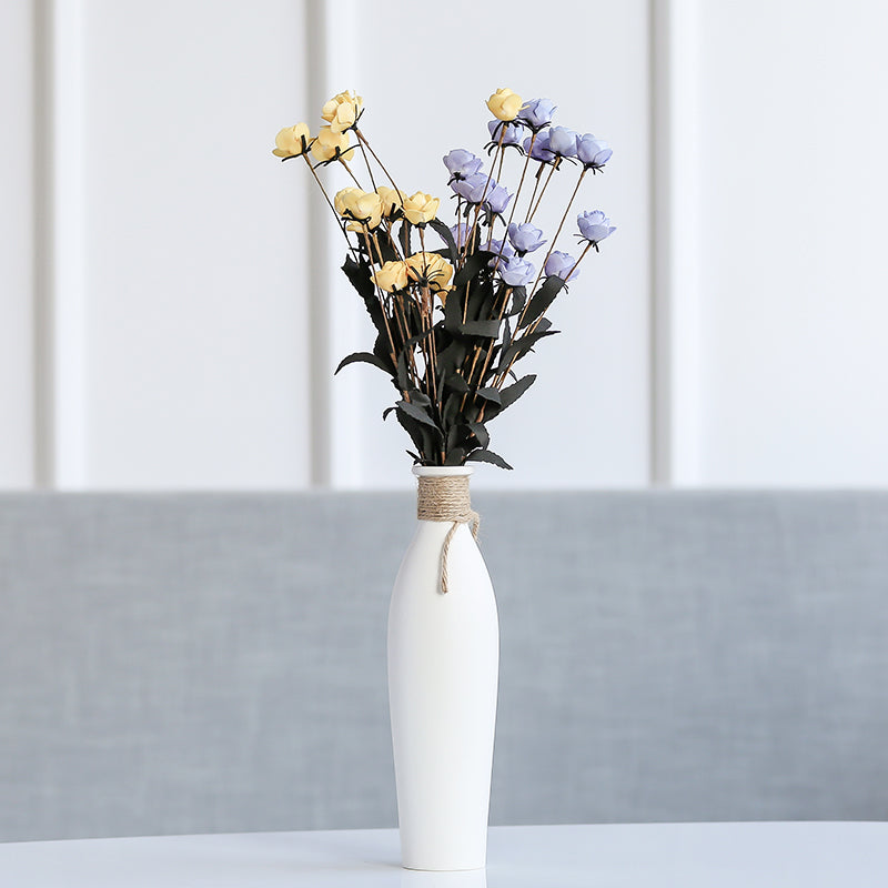 Ceramic Vase with Artificial Flowers Set – 8 Piece Bundle | White Modern Vase & 6 Flower Bunches