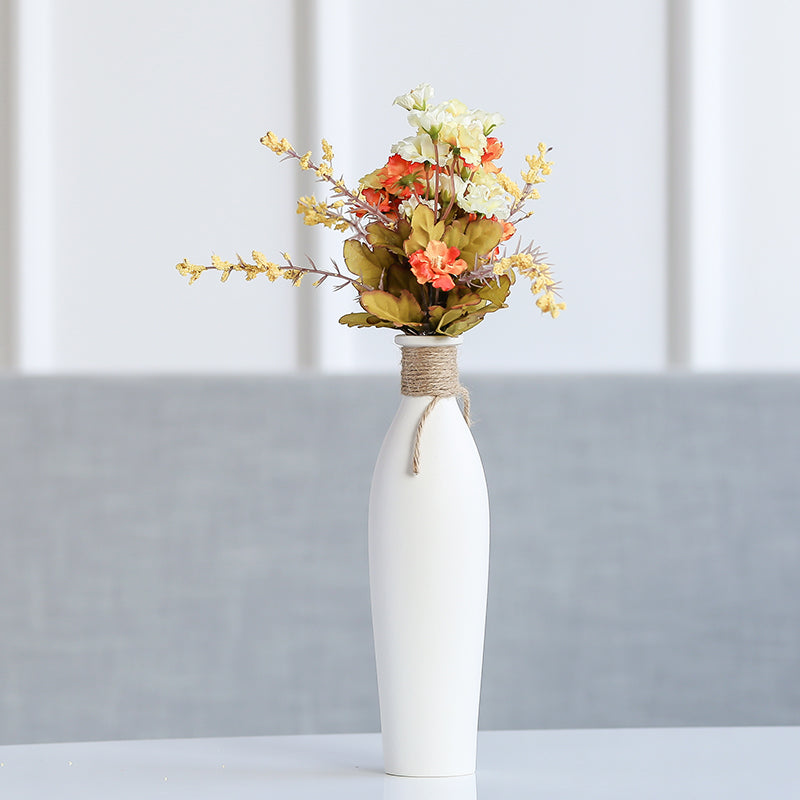 Ceramic Vase with Artificial Flowers Set – 8 Piece Bundle | White Modern Vase & 6 Flower Bunches