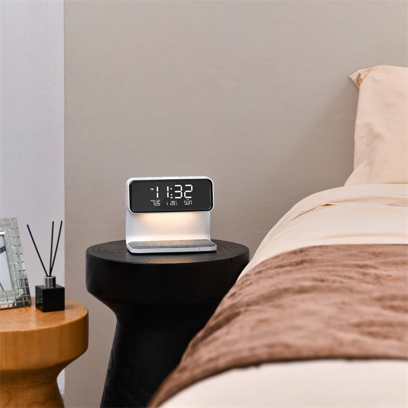 Creative 3 In 1 Bedside Wireless Lamp Charging LCD Screen Alarm Clock  Wireless Phone Charger