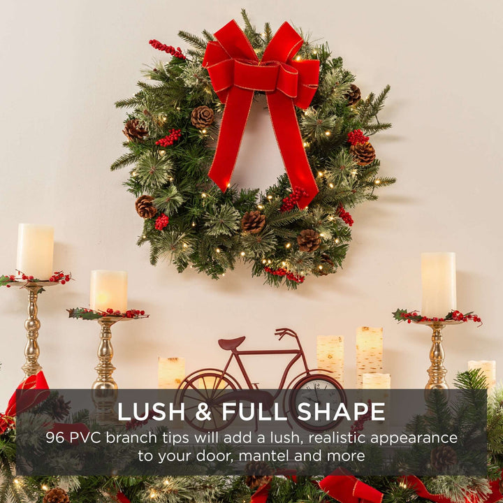 24 Inch Christmas Wreath | Pre-Lit Battery Powered Wreath w/ 70 LED Lights & Ribbons