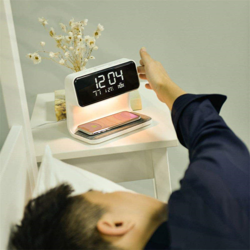 Creative 3 In 1 Bedside Wireless Lamp Charging LCD Screen Alarm Clock  Wireless Phone Charger