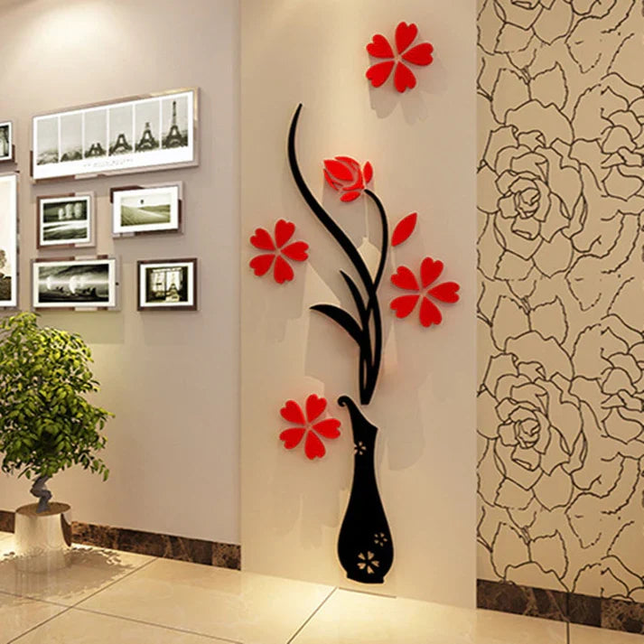 D Acrylic Vase Wall Sticker Moisture Proof Decorative Flower Wall Decal for Living Room