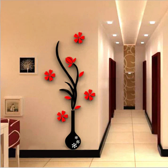 D Acrylic Vase Wall Sticker Moisture Proof Decorative Flower Wall Decal for Living Room
