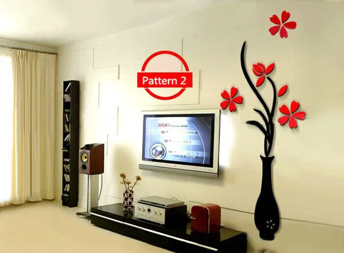 D Acrylic Vase Wall Sticker Moisture Proof Decorative Flower Wall Decal for Living Room