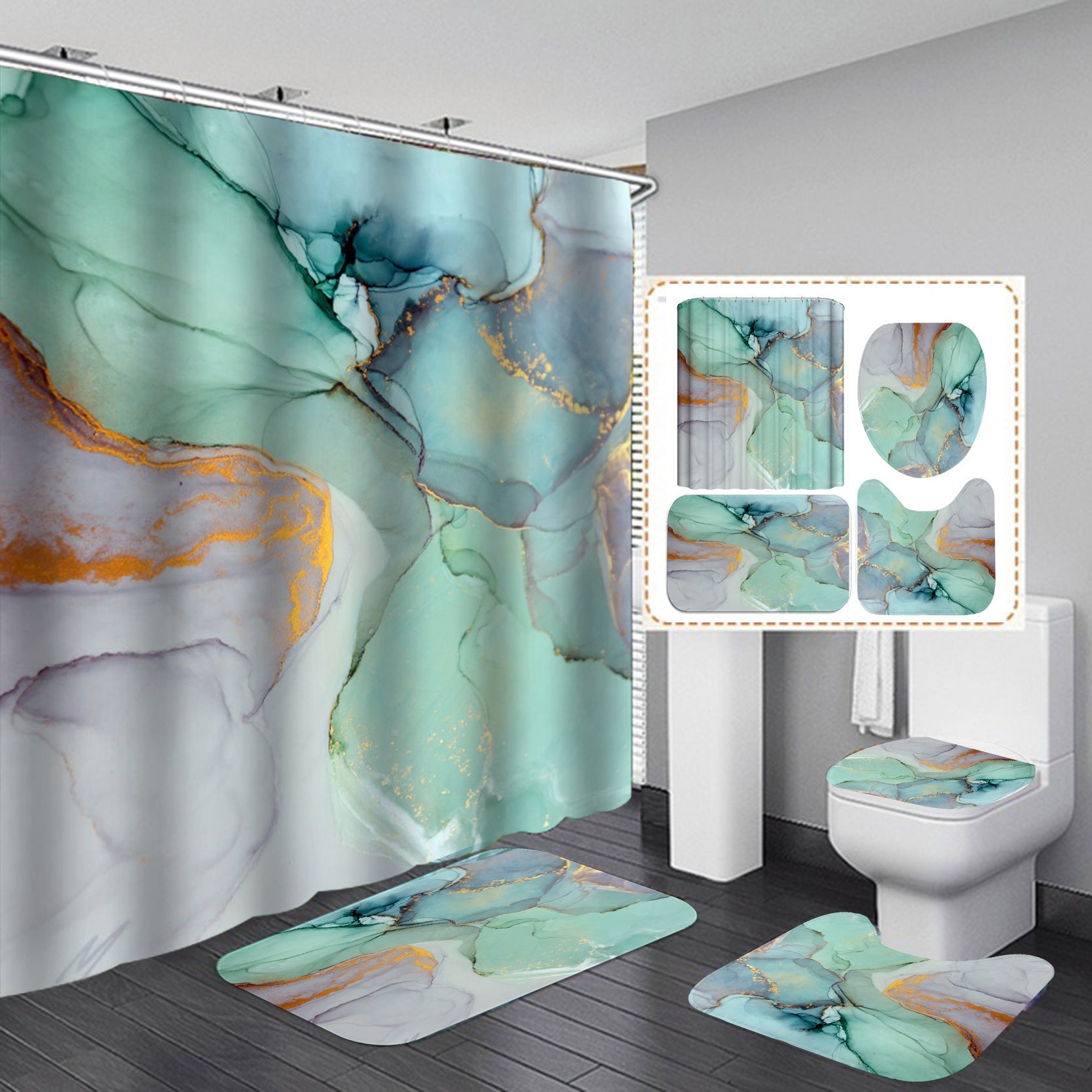 3D Shower Curtain Set with Anti Slip Bath Mat Modern Polyester 6 Sizes