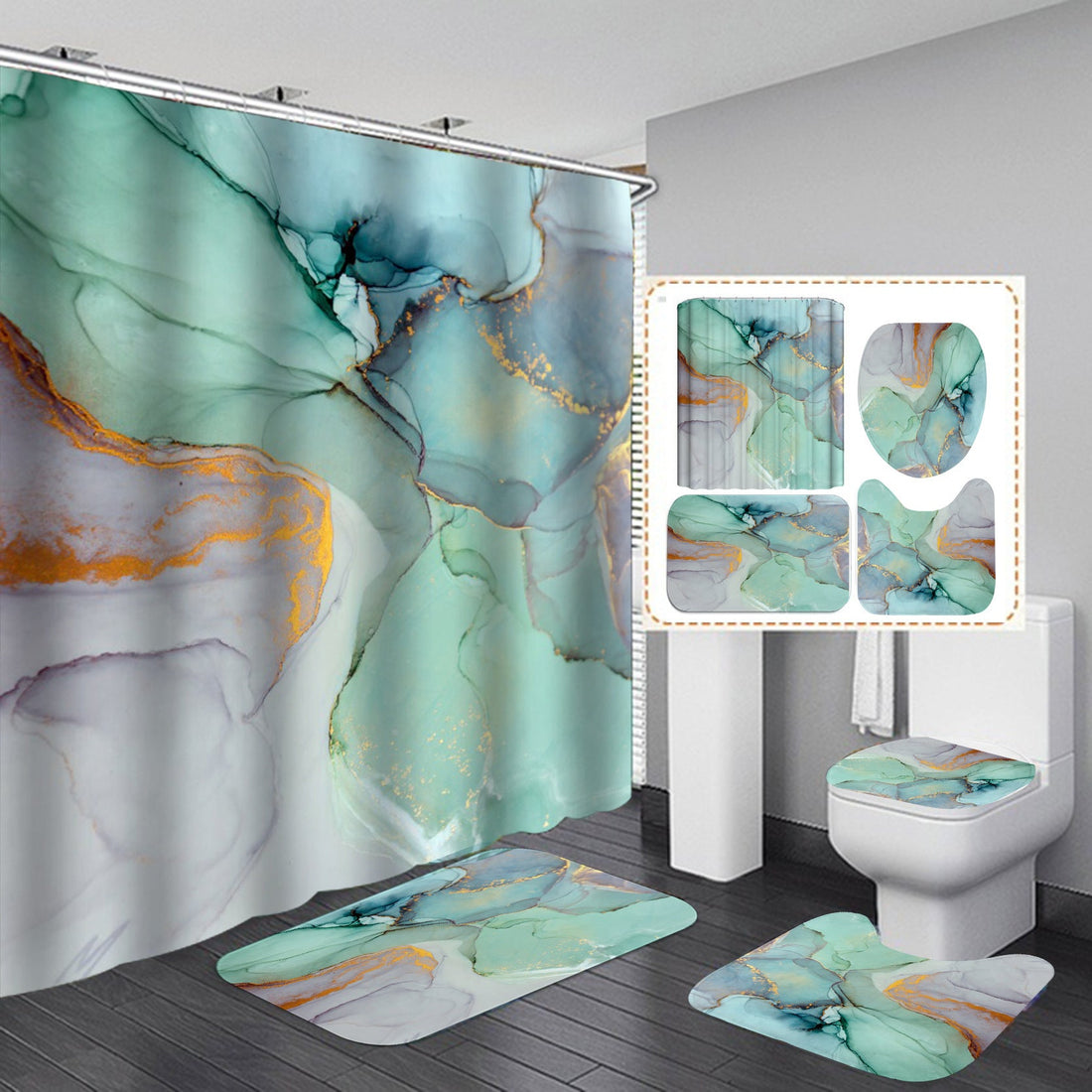3D Shower Curtain Set with Anti Slip Bath Mat Modern Polyester 6 Sizes