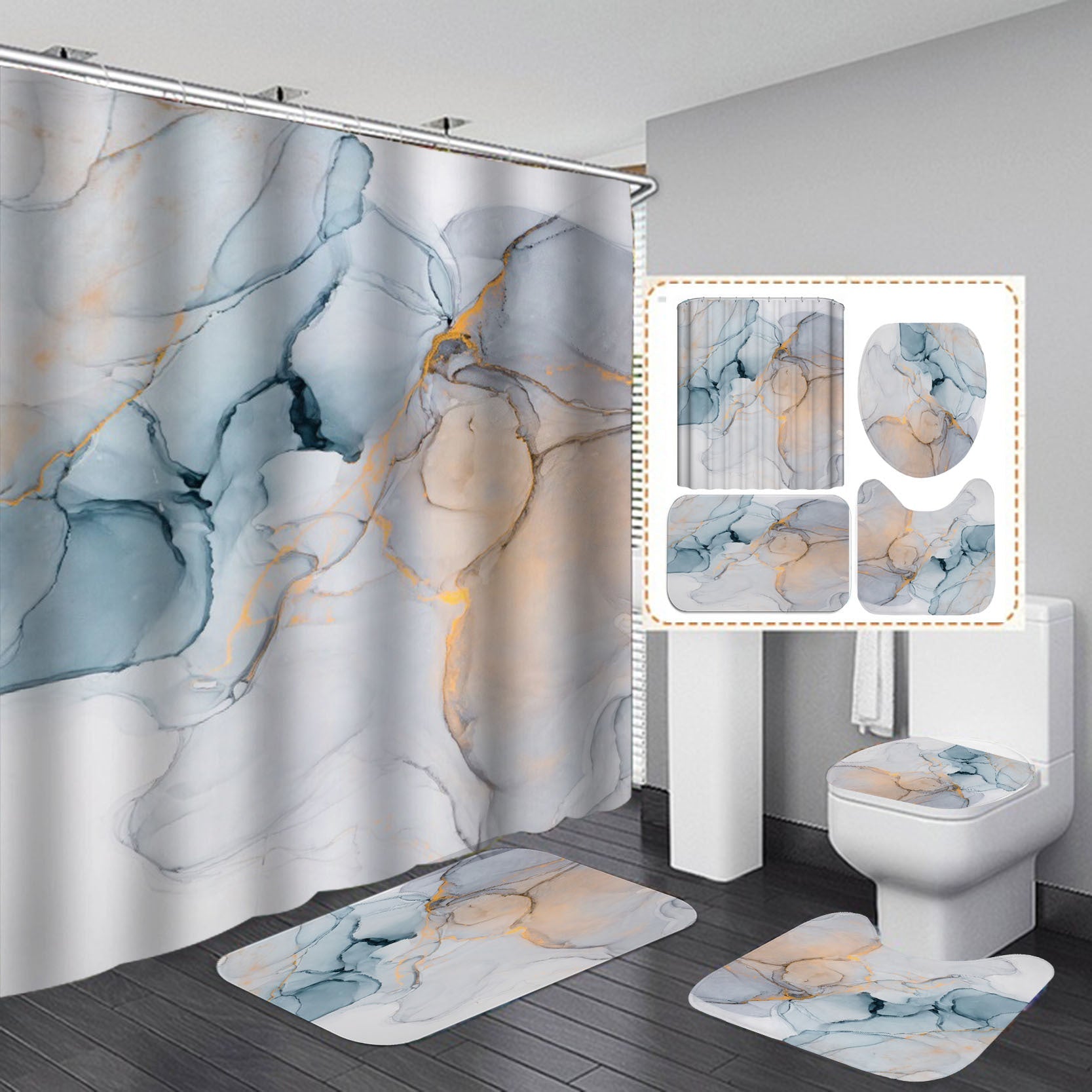 3D Shower Curtain Set with Anti Slip Bath Mat Modern Polyester 6 Sizes