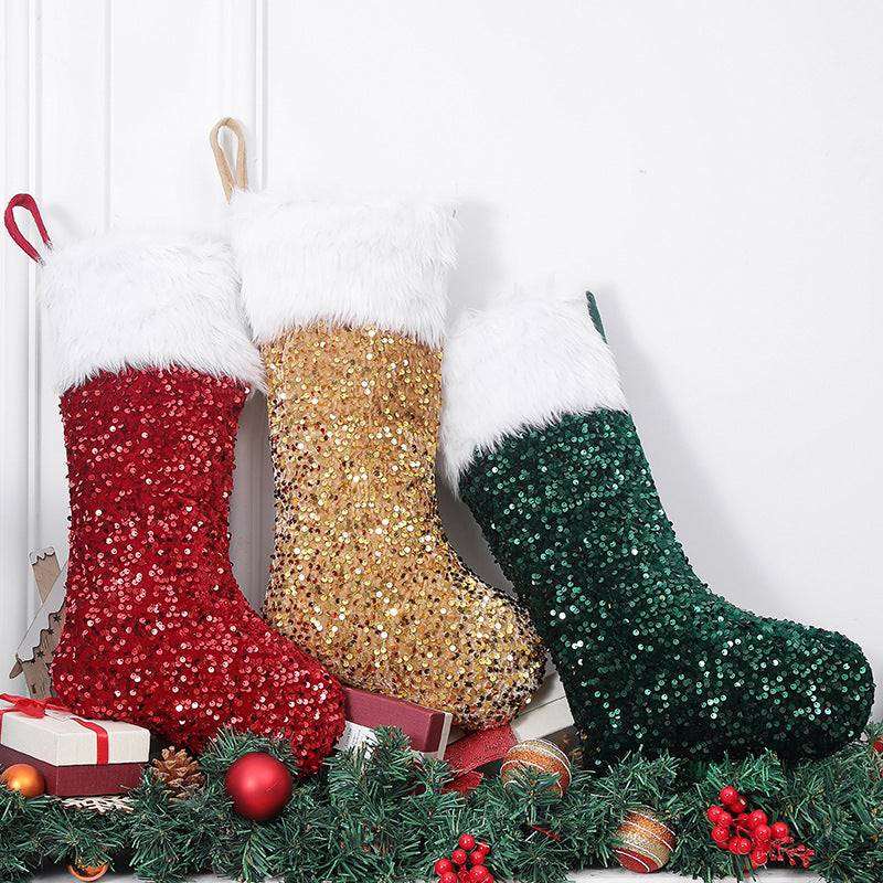 3 Pcs Christmas Stockings Set Sequin Plush Xmas Gift Socks Ornaments Home Decor