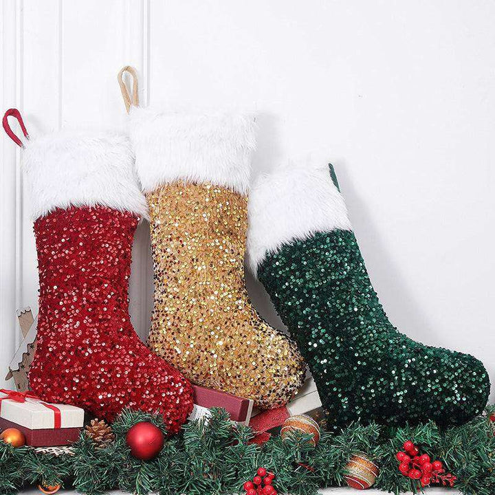3 Pcs Christmas Stockings Set Sequin Plush Xmas Gift Socks Ornaments Home Decor