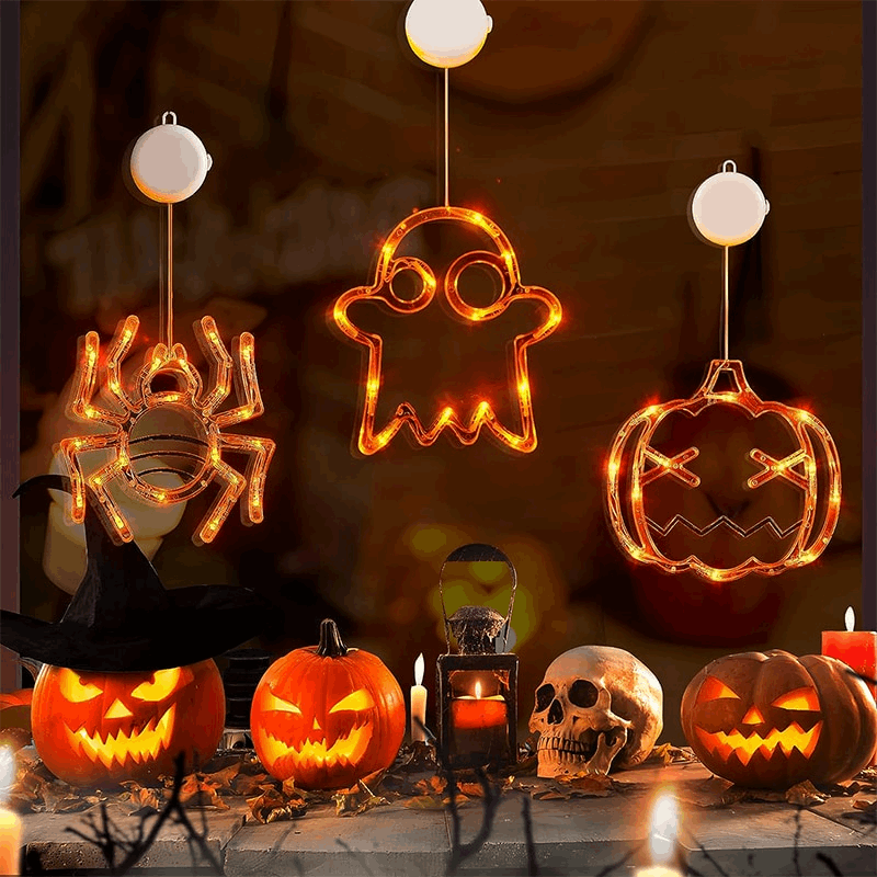 Halloween Window Hanging LED Lights – Spider, Pumpkin & Ghost Decorative Party Lights