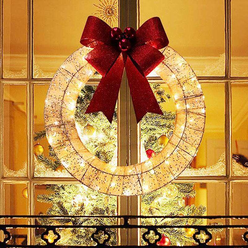 Christmas Garland 50CM LED Luminous Wreath with Bow for Front Door Decor