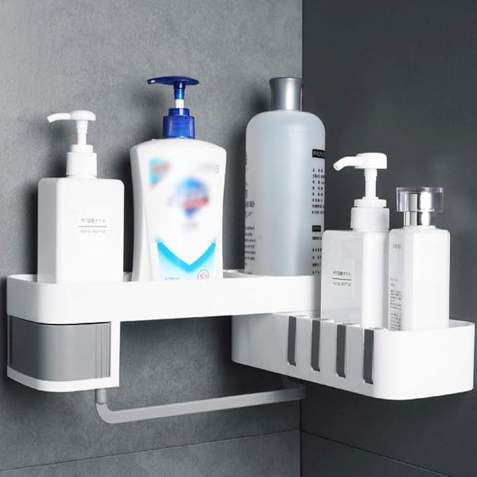 Self Adhesive Rotating Shower Shelf with 4 Hooks - No Drill Bathroom Organizer | White