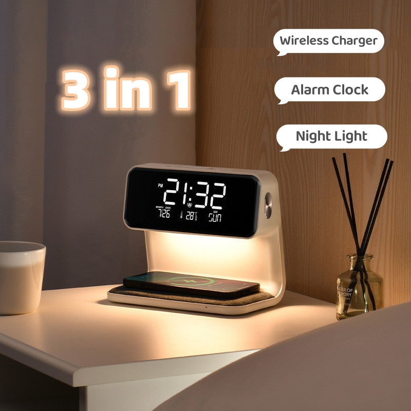 Creative 3 In 1 Bedside Wireless Lamp Charging LCD Screen Alarm Clock  Wireless Phone Charger
