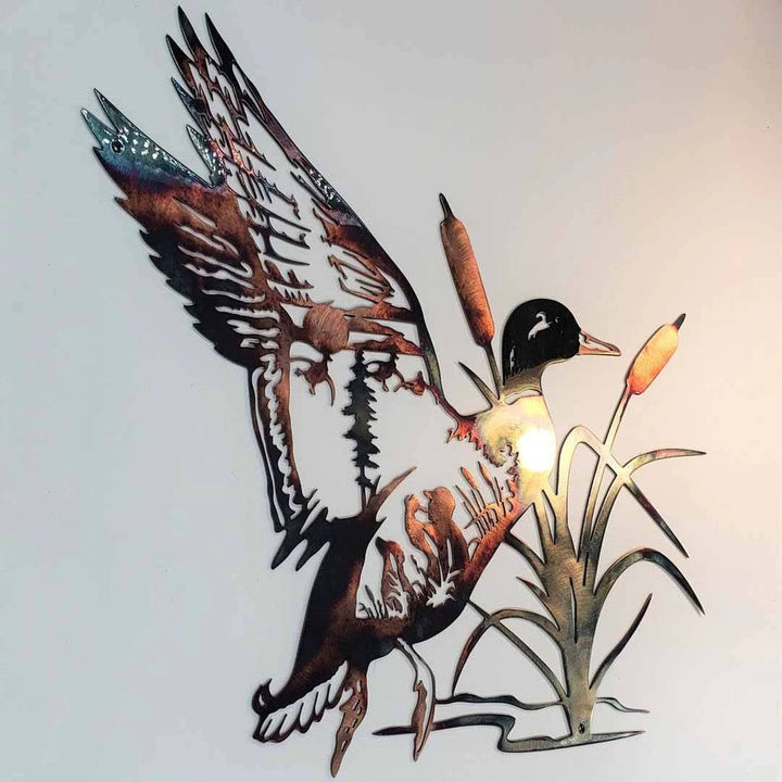 Mallard Hunting & Trout Fishing Scene Metal Wall Art Animal Shape Wall Decal Vivid Decoration