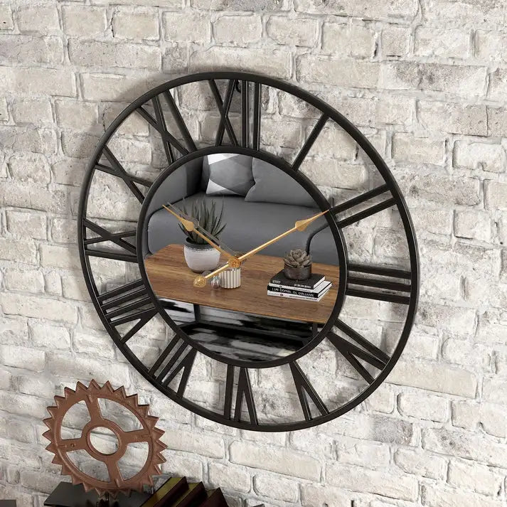 Round Wrought Iron Mirror Wall Clock Of Rustic Elegance To Interior