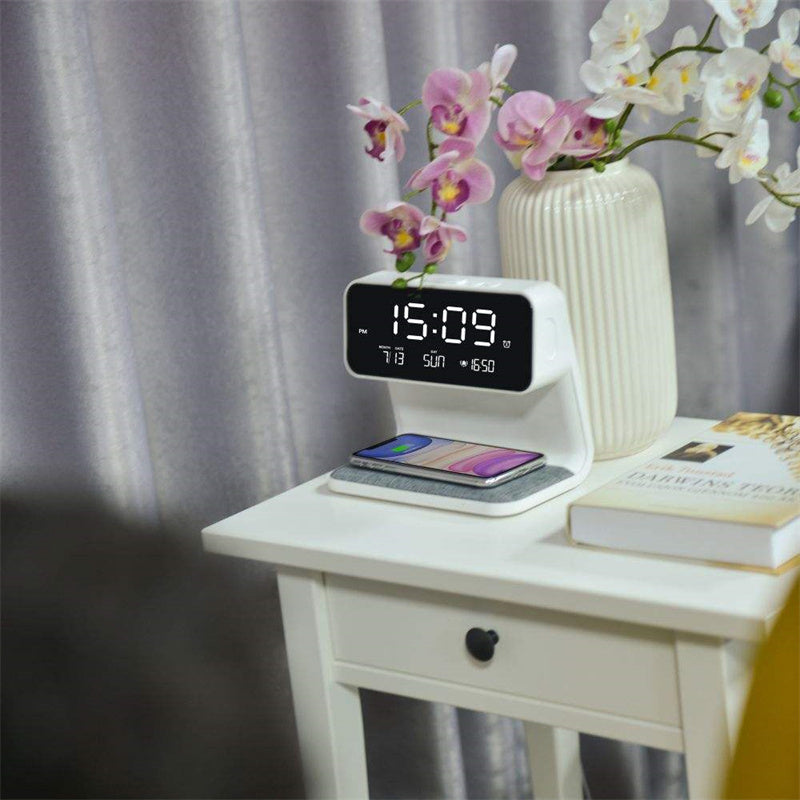 Creative 3 In 1 Bedside Wireless Lamp Charging LCD Screen Alarm Clock  Wireless Phone Charger