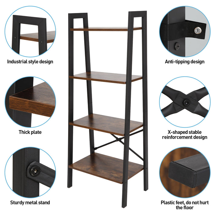 Modern Wooden Bookshelf, 4-Tier Ladder