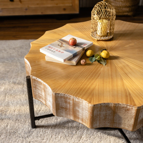 Modern Cedar Coffee Table Set 2 Piece Wooden Living Room Furniture with Metal Legs