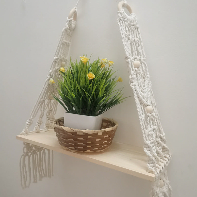 Bohemian Cotton Wall Tapestry Shelf in Natural White