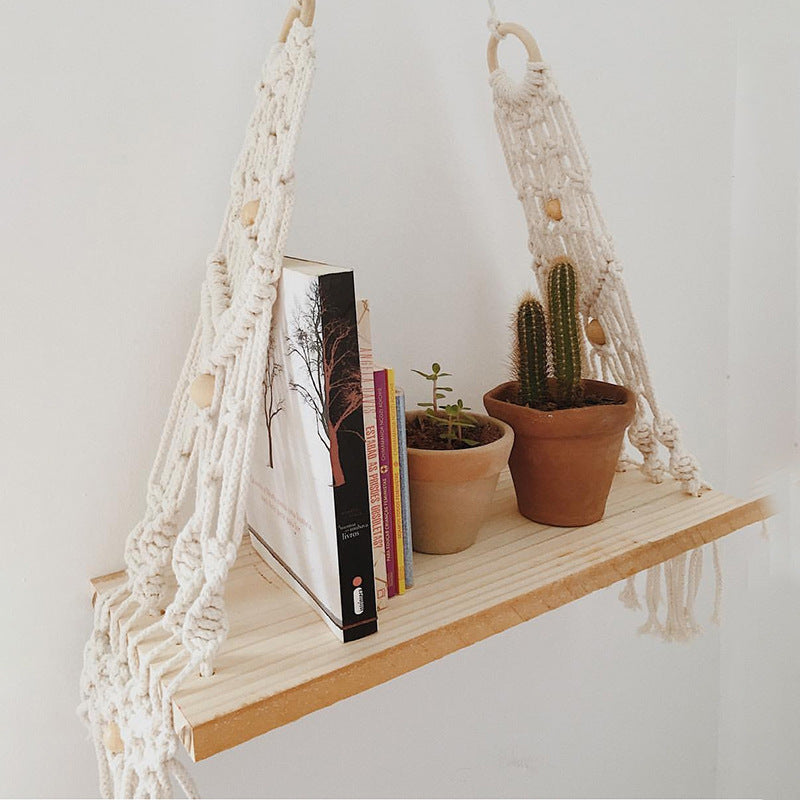 Bohemian Cotton Wall Tapestry Shelf in Natural White