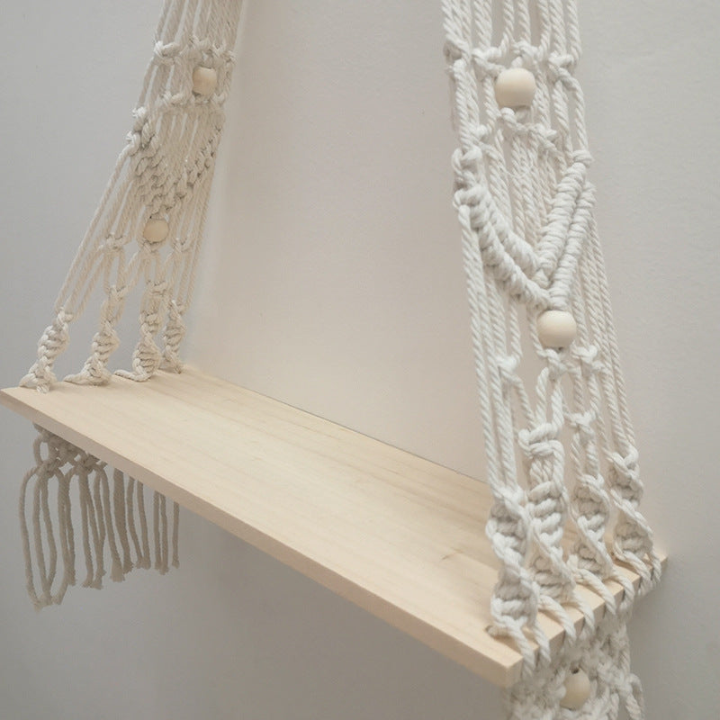 Bohemian Cotton Wall Tapestry Shelf in Natural White