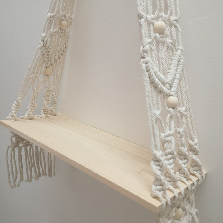 Bohemian Cotton Wall Tapestry Shelf in Natural White