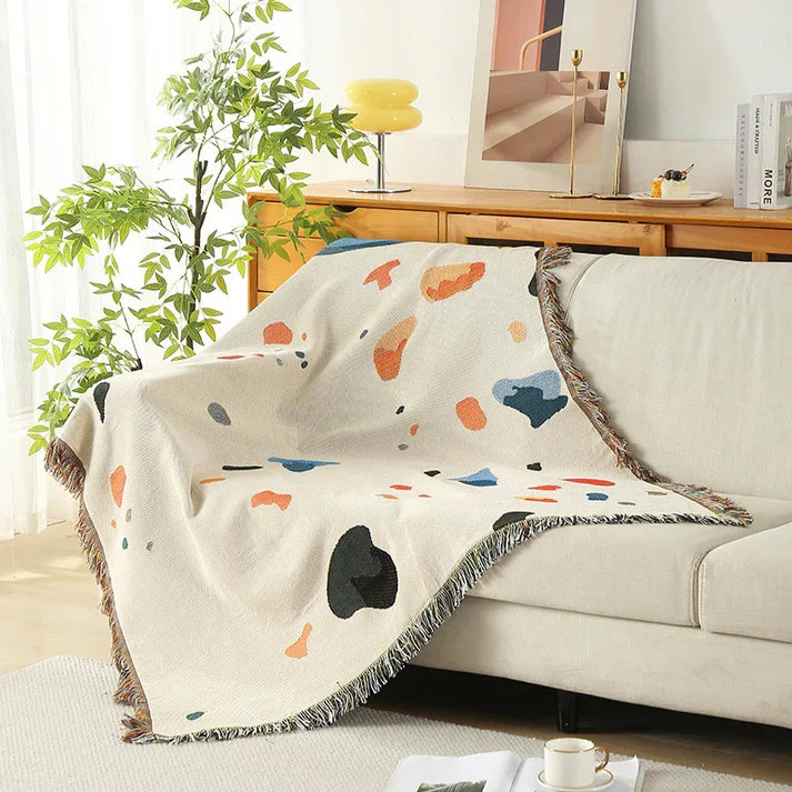 Boho Fringe Throw Blanket Abstract Paint Splash Sofa Cover Cream