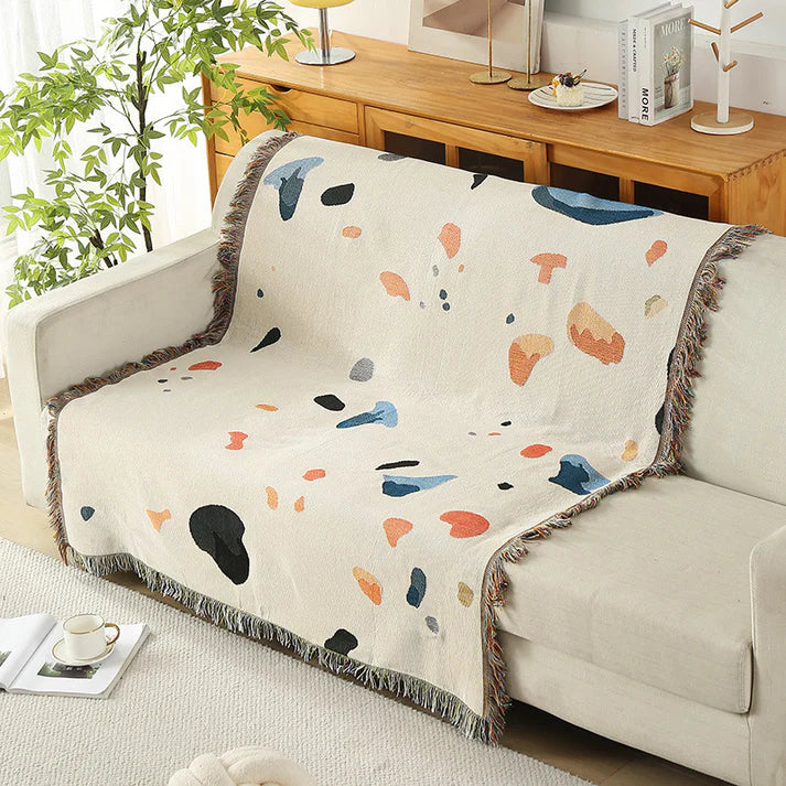 Boho Fringe Throw Blanket Abstract Paint Splash Sofa Cover Cream