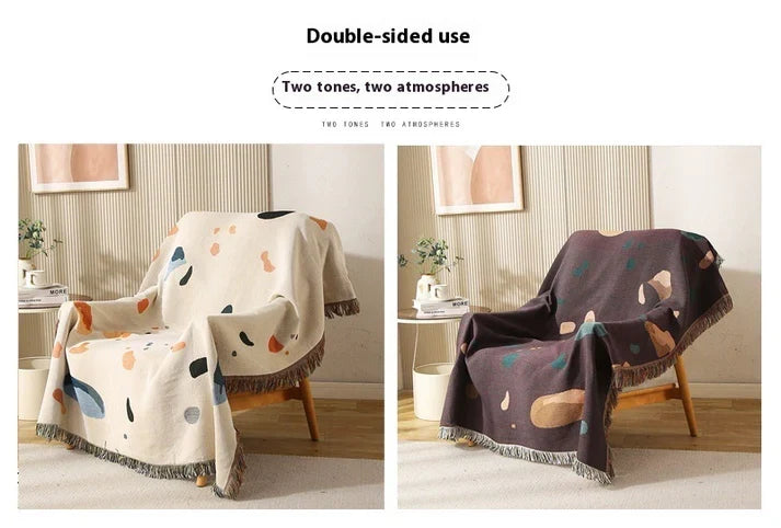 Boho Fringe Throw Blanket Abstract Paint Splash Sofa Cover Cream