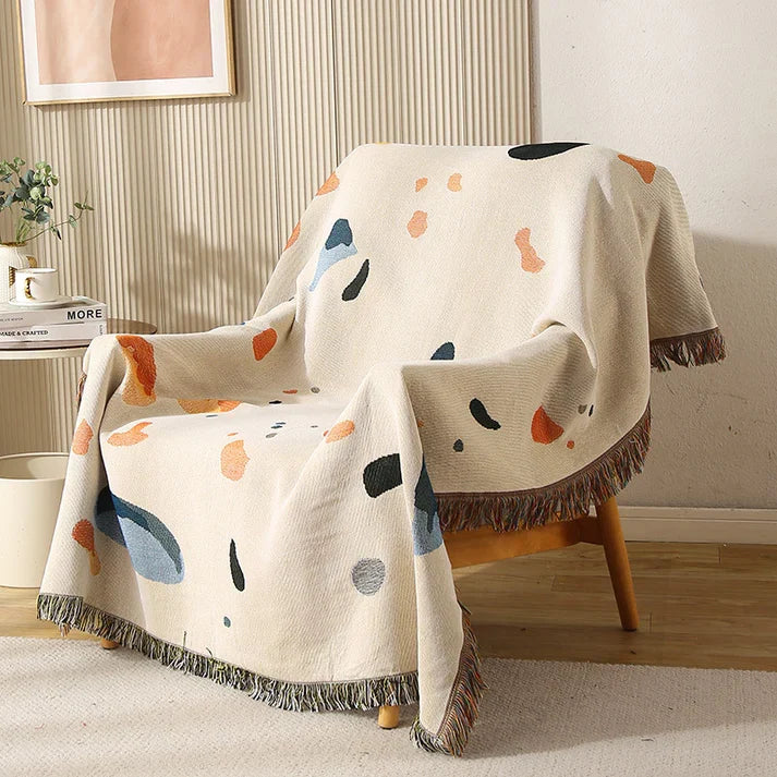 Boho Fringe Throw Blanket Abstract Paint Splash Sofa Cover Cream