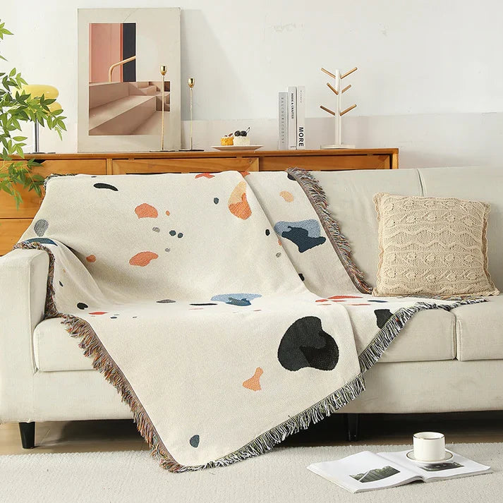 Boho Fringe Throw Blanket Abstract Paint Splash Sofa Cover Cream