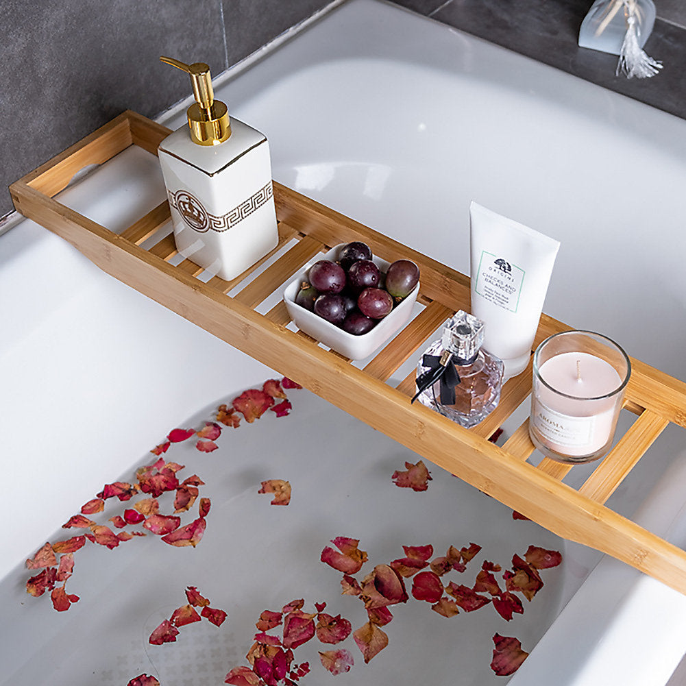 Expandable Bamboo Bathtub Caddy Tray - Bath Tray for Book, Drink, Phone and Soap