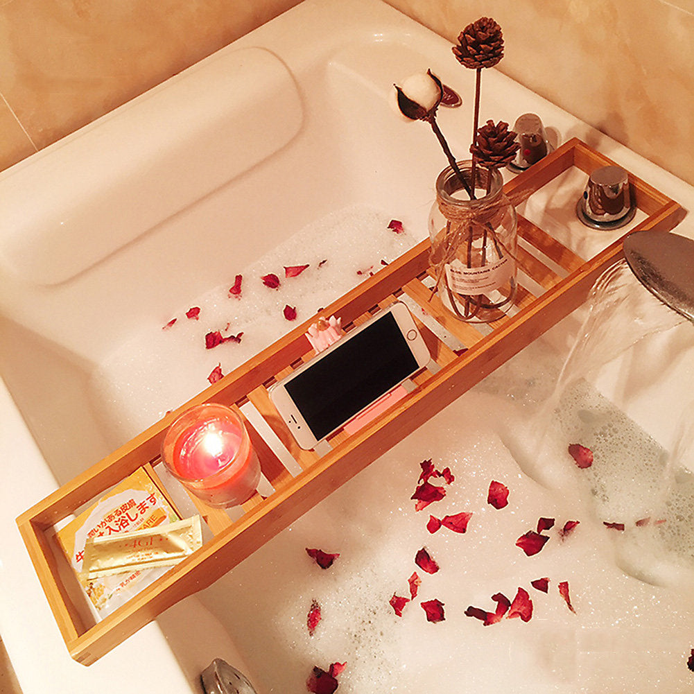 Expandable Bamboo Bathtub Caddy Tray - Bath Tray for Book, Drink, Phone and Soap