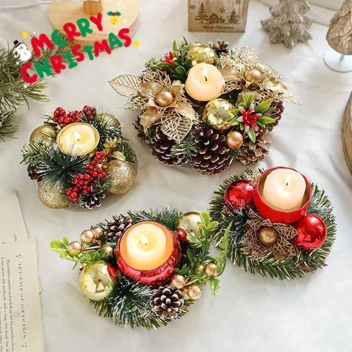 Christmas Candle Holder With Metal Wreath Artificial Pinball Pinecone