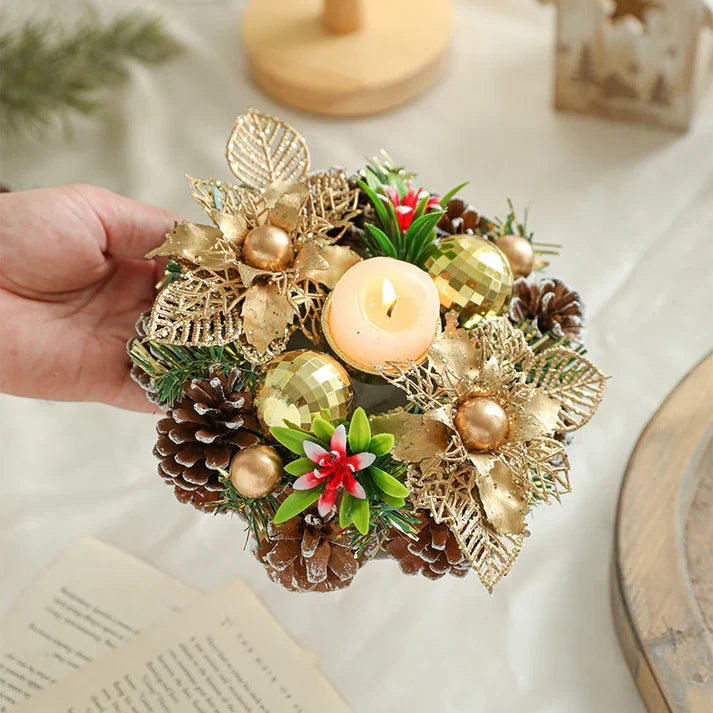 Christmas Candle Holder With Metal Wreath Artificial Pinball Pinecone