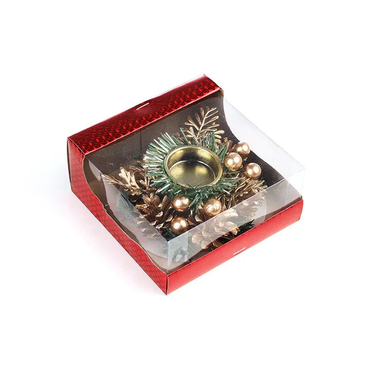 Christmas Candle Holder With Metal Wreath Artificial Pinball Pinecone