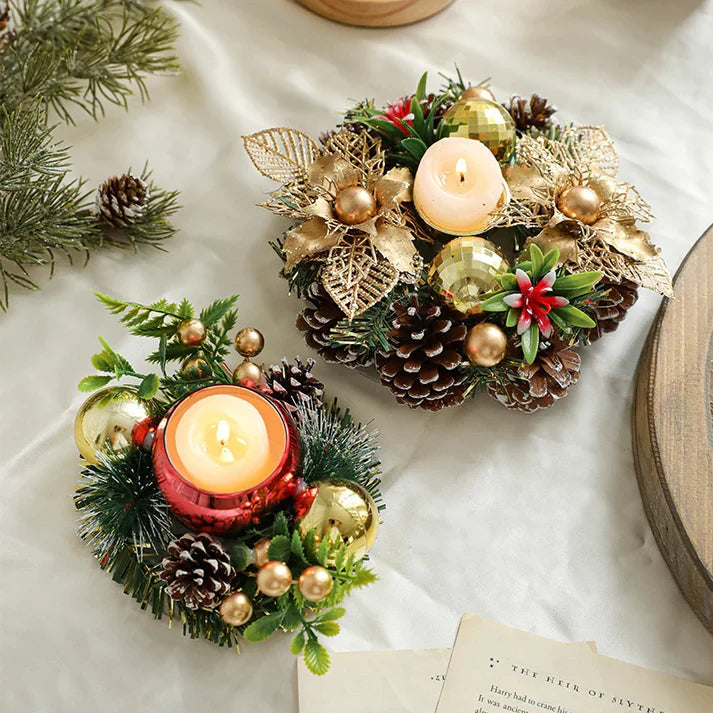 Christmas Candle Holder With Metal Wreath Artificial Pinball Pinecone