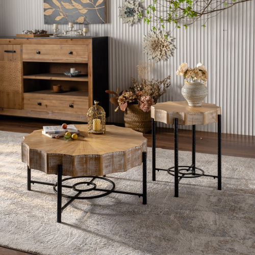 Modern Cedar Coffee Table Set 2 Piece Wooden Living Room Furniture with Metal Legs