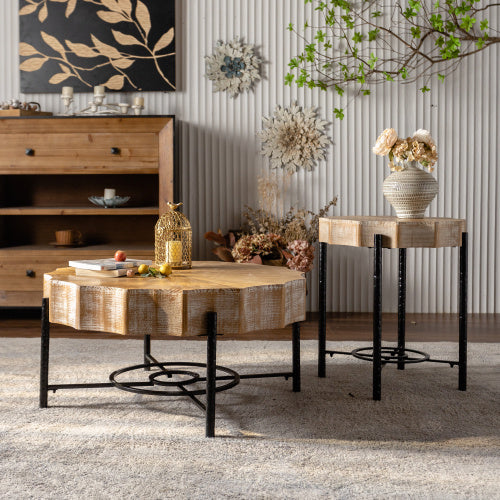 Modern Cedar Coffee Table Set 2 Piece Wooden Living Room Furniture with Metal Legs