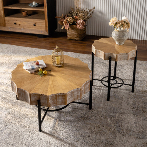 Modern Cedar Coffee Table Set 2 Piece Wooden Living Room Furniture with Metal Legs
