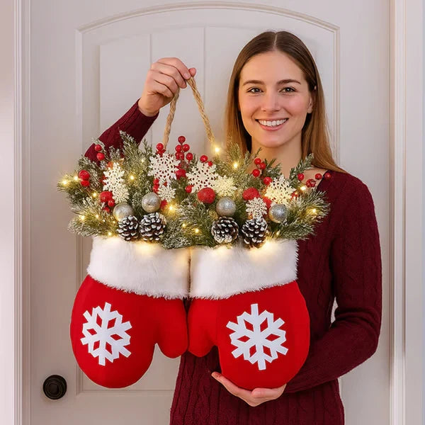 Splendas Twinkling Christmas Mitten Wreath LED Holiday Decor | Front Door & Indoor