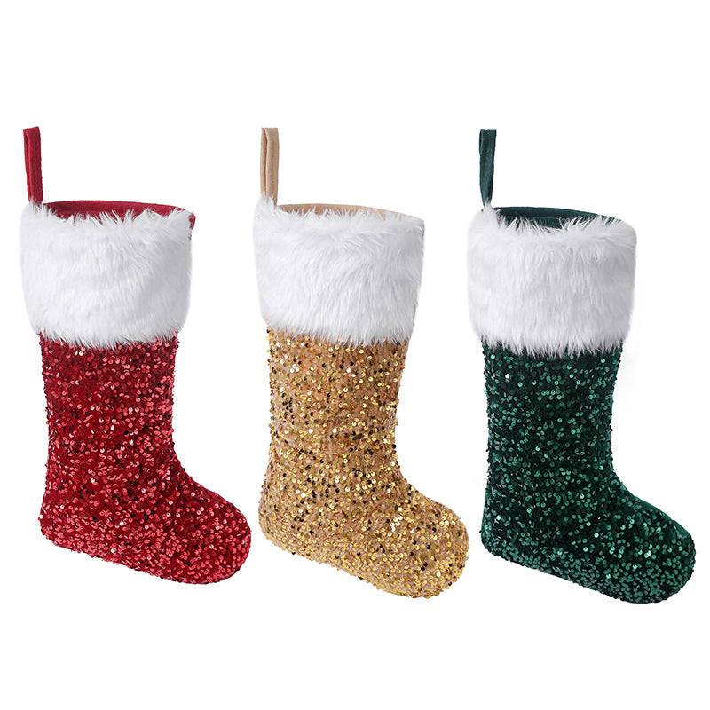 3 Pcs Christmas Stockings Set Sequin Plush Xmas Gift Socks Ornaments Home Decor