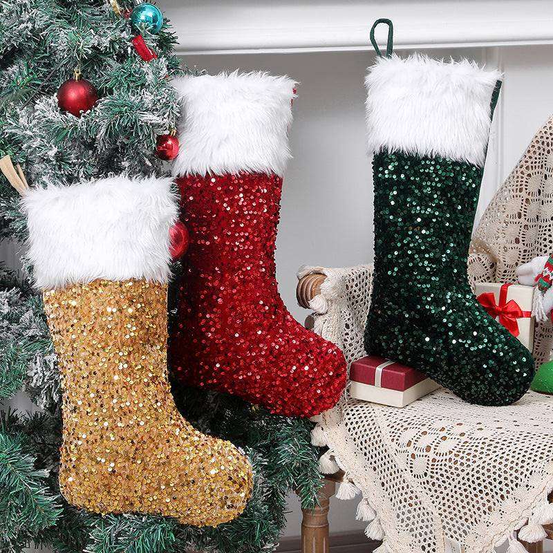 3 Pcs Christmas Stockings Set Sequin Plush Xmas Gift Socks Ornaments Home Decor