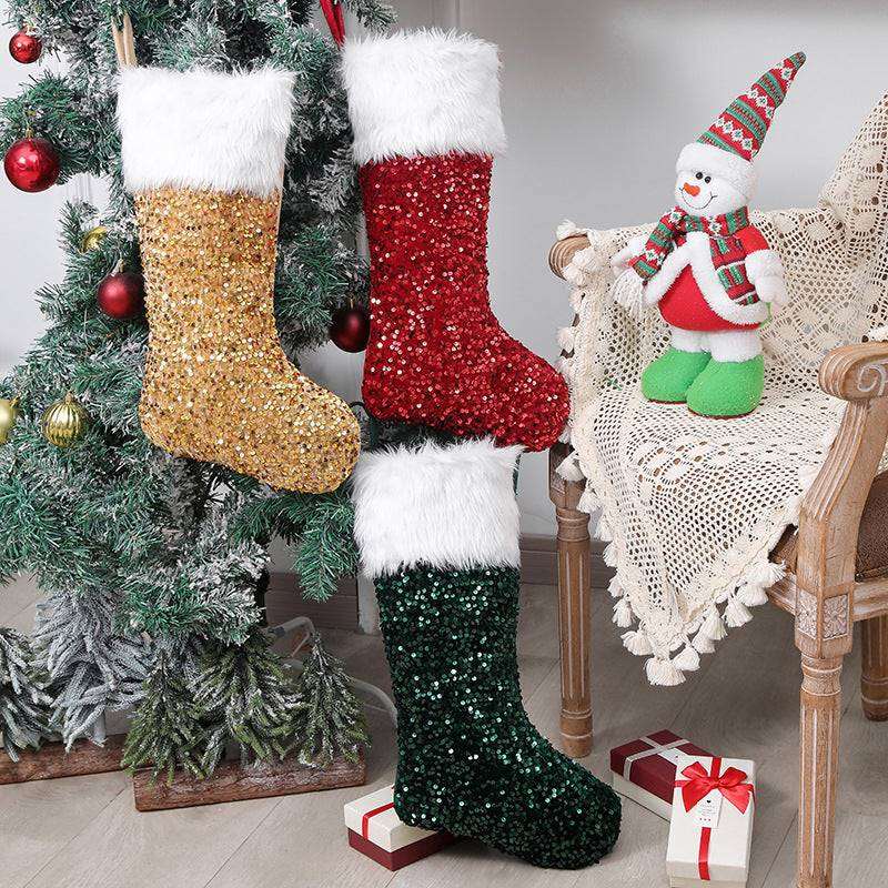 3 Pcs Christmas Stockings Set Sequin Plush Xmas Gift Socks Ornaments Home Decor